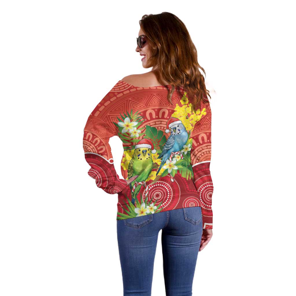 Budgerigar Australia Christmas Off Shoulder Sweater Budgies Golden Wattle Aboriginal Red - Aussie Hoodie