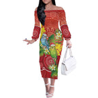 Budgerigar Australia Christmas Off The Shoulder Long Sleeve Dress Budgies Golden Wattle Aboriginal Red - Aussie Hoodie