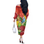 Budgerigar Australia Christmas Off The Shoulder Long Sleeve Dress Budgies Golden Wattle Aboriginal Red - Aussie Hoodie