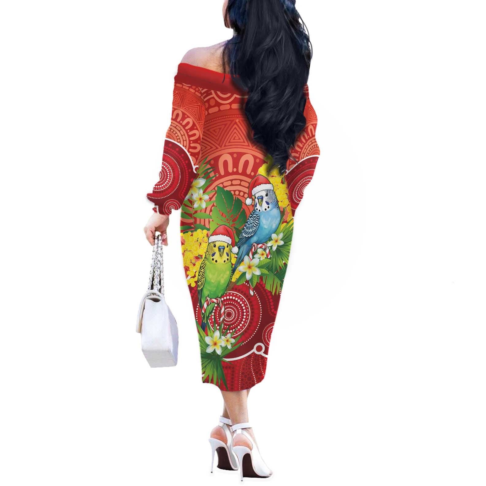 Budgerigar Australia Christmas Off The Shoulder Long Sleeve Dress Budgies Golden Wattle Aboriginal Red - Aussie Hoodie
