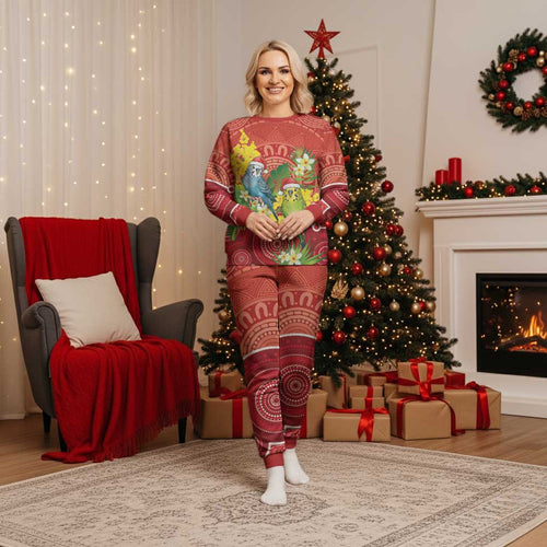 Budgerigar Australia Christmas Pajama Set Budgies Golden Wattle Aboriginal Red - Aussie Hoodie