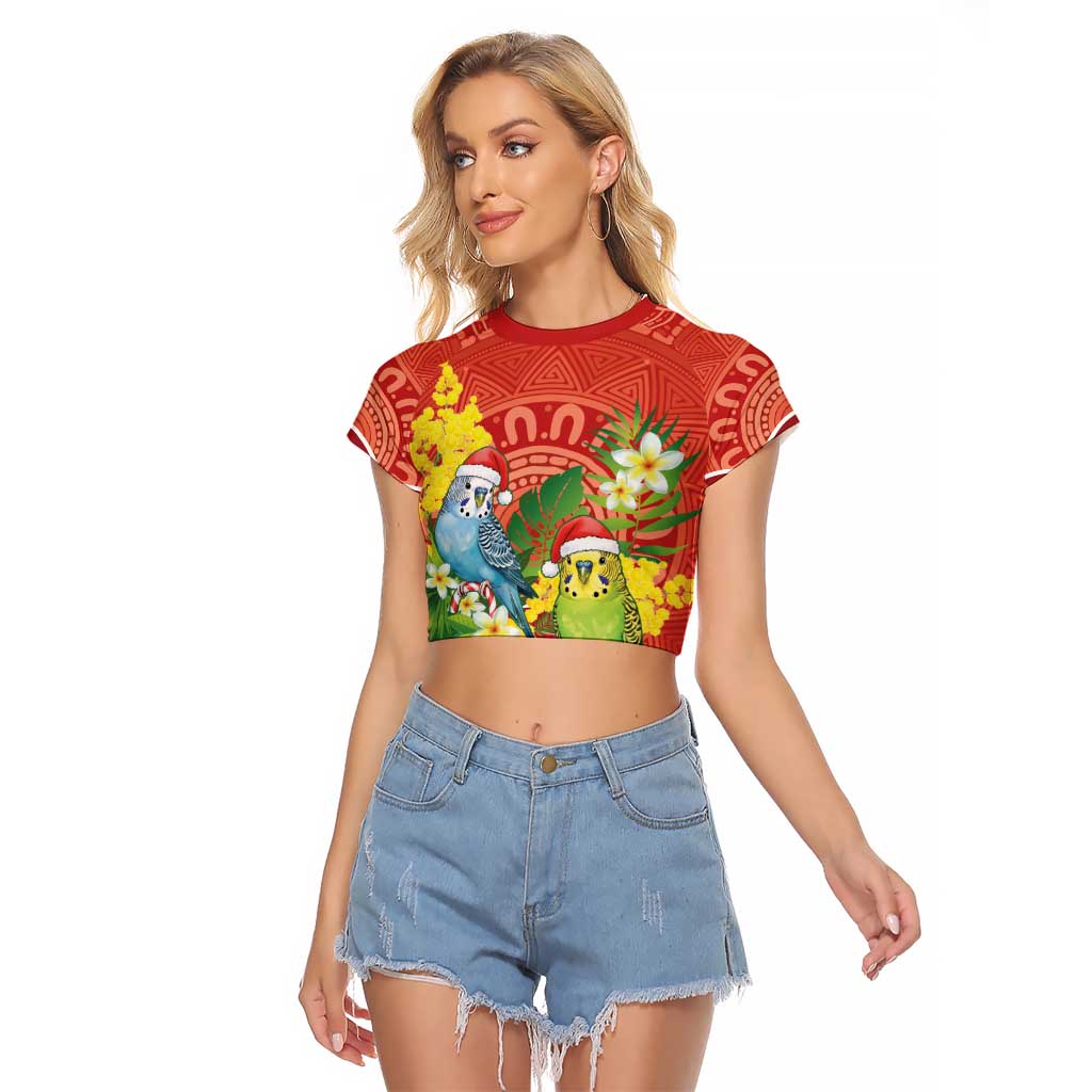 Budgerigar Australia Christmas Raglan Cropped T Shirt Budgies Golden Wattle Aboriginal Red - Aussie Hoodie