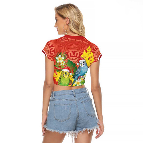 Budgerigar Australia Christmas Raglan Cropped T Shirt Budgies Golden Wattle Aboriginal Red - Aussie Hoodie