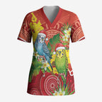 Budgerigar Australia Christmas Scrub Top Budgies Golden Wattle Aboriginal Red - Aussie Hoodie
