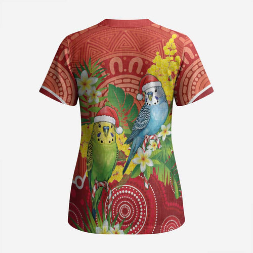 Budgerigar Australia Christmas Scrub Top Budgies Golden Wattle Aboriginal Red - Aussie Hoodie
