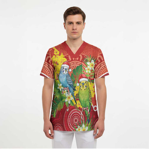 Budgerigar Australia Christmas Scrub Top Budgies Golden Wattle Aboriginal Red - Aussie Hoodie