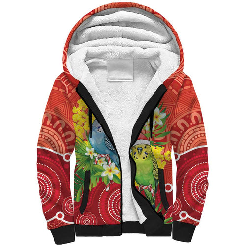 Budgerigar Australia Christmas Sherpa Hoodie Budgies Golden Wattle Aboriginal Red - Aussie Hoodie