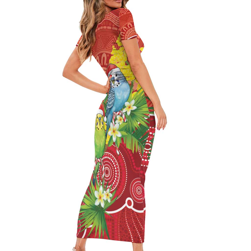 Budgerigar Australia Christmas Short Sleeve Bodycon Dress Budgies Golden Wattle Aboriginal Red - Aussie Hoodie