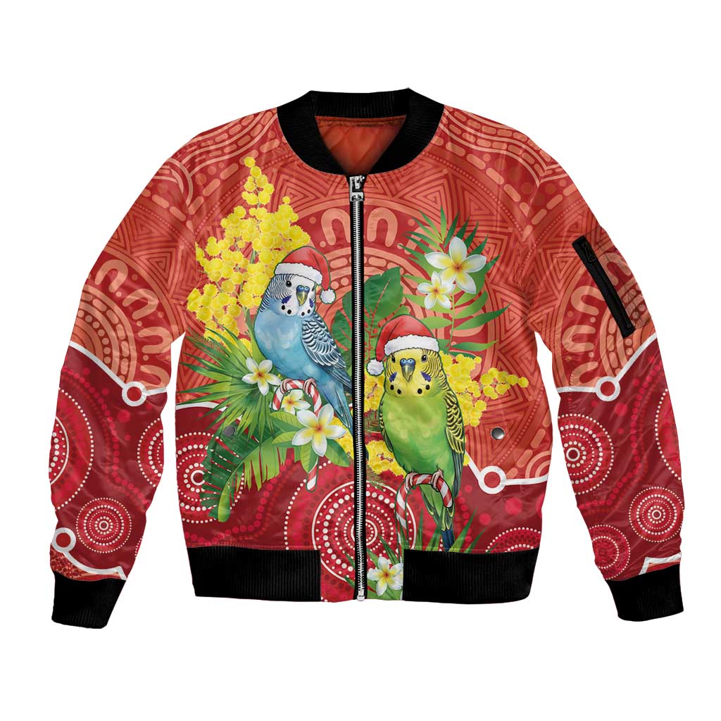 Budgerigar Australia Christmas Sleeve Zip Bomber Jacket Budgies Golden Wattle Aboriginal Red - Aussie Hoodie