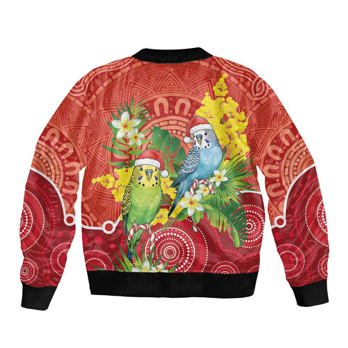Budgerigar Australia Christmas Sleeve Zip Bomber Jacket Budgies Golden Wattle Aboriginal Red - Aussie Hoodie