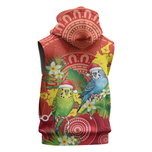 Budgerigar Australia Christmas Sleeveless Hoodie Budgies Golden Wattle Aboriginal Red - Aussie Hoodie