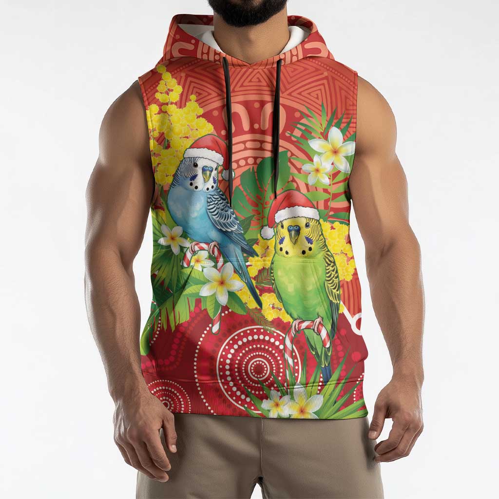 Budgerigar Australia Christmas Sleeveless Hoodie Budgies Golden Wattle Aboriginal Red - Aussie Hoodie