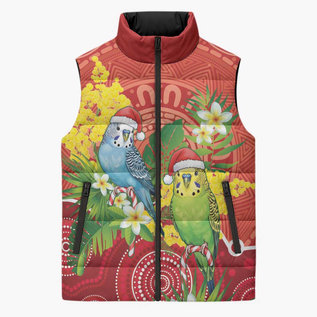 Budgerigar Australia Christmas Sleeveless Puffer Jacket Budgies Golden Wattle Aboriginal Red - Aussie Hoodie
