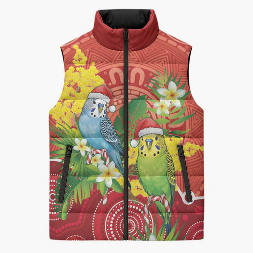Budgerigar Australia Christmas Sleeveless Puffer Jacket Budgies Golden Wattle Aboriginal Red - Aussie Hoodie