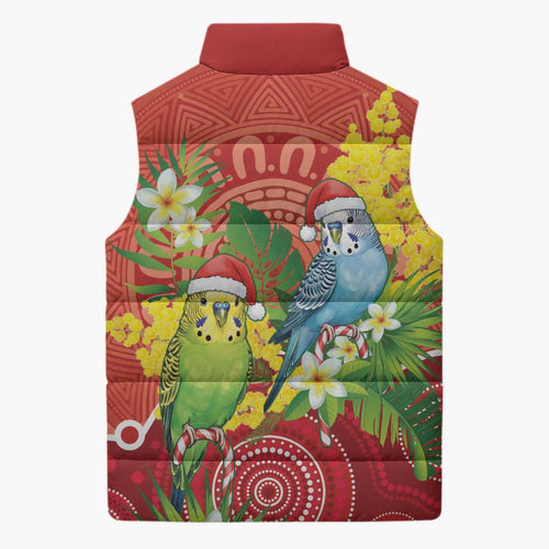 Budgerigar Australia Christmas Sleeveless Puffer Jacket Budgies Golden Wattle Aboriginal Red - Aussie Hoodie