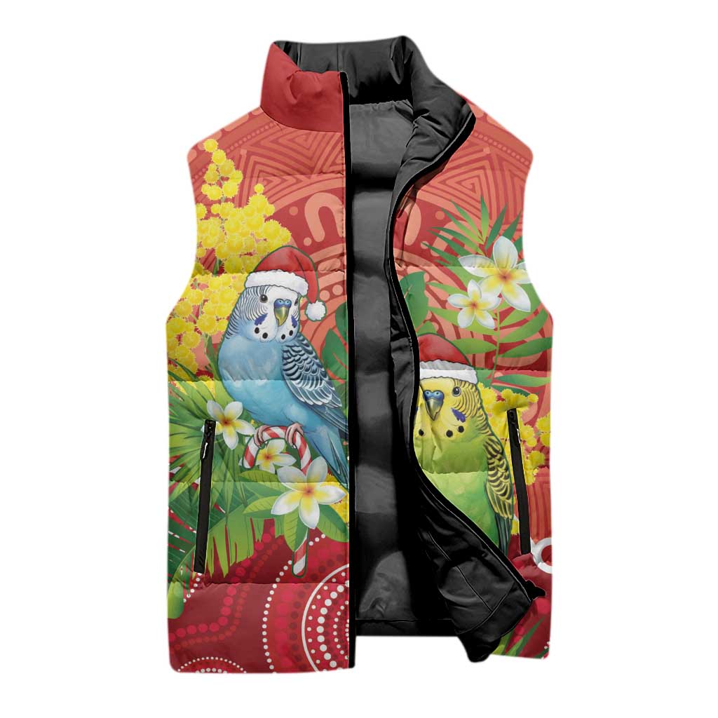 Budgerigar Australia Christmas Sleeveless Puffer Jacket Budgies Golden Wattle Aboriginal Red - Aussie Hoodie