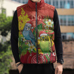 Budgerigar Australia Christmas Sleeveless Puffer Jacket Budgies Golden Wattle Aboriginal Red - Aussie Hoodie
