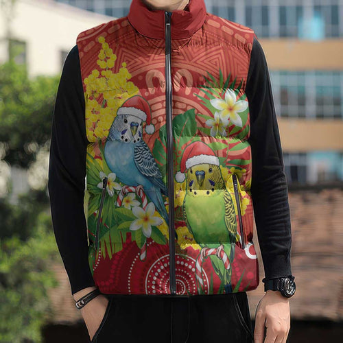 Budgerigar Australia Christmas Sleeveless Puffer Jacket Budgies Golden Wattle Aboriginal Red - Aussie Hoodie