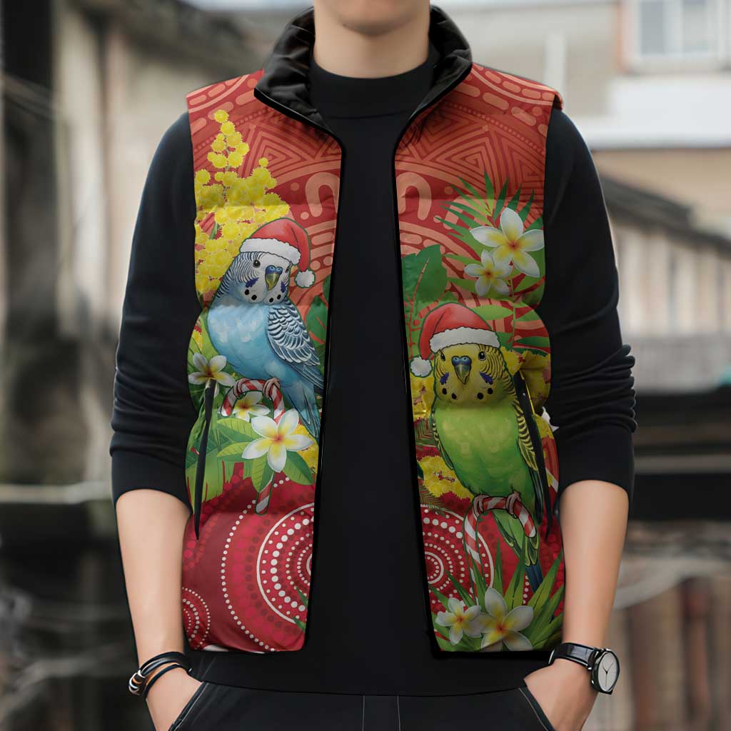 Budgerigar Australia Christmas Sleeveless Puffer Jacket Budgies Golden Wattle Aboriginal Red - Aussie Hoodie