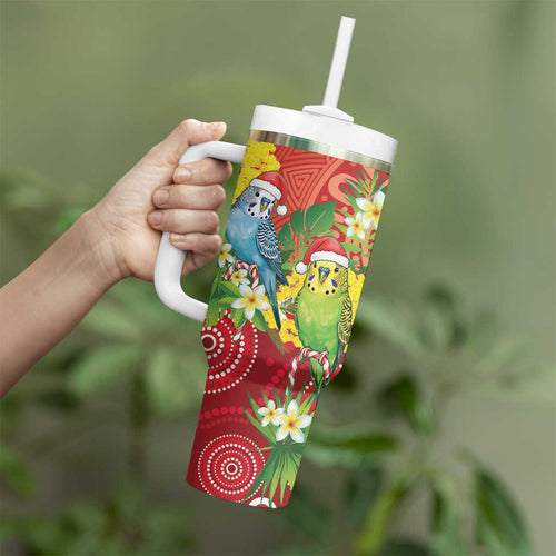 Budgerigar Australia Christmas Tumbler With Handle Budgies Golden Wattle Aboriginal Red - Aussie Hoodie