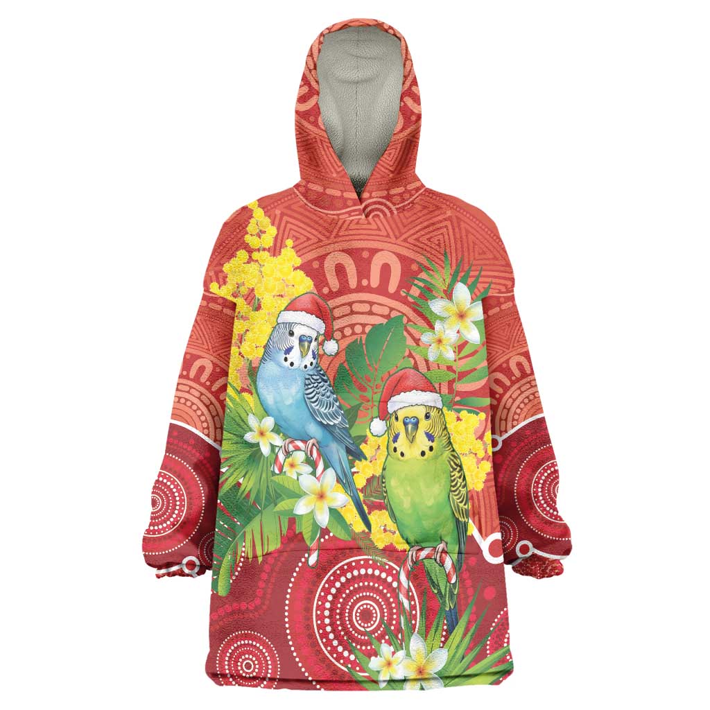 Budgerigar Australia Christmas Wearable Blanket Hoodie Budgies Golden Wattle Aboriginal Red - Aussie Hoodie