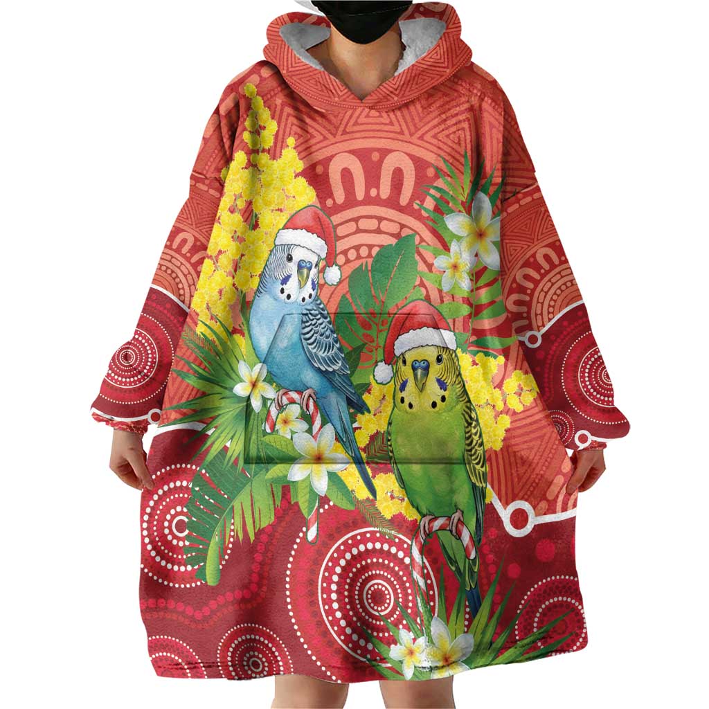 Budgerigar Australia Christmas Wearable Blanket Hoodie Budgies Golden Wattle Aboriginal Red - Aussie Hoodie