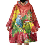 Budgerigar Australia Christmas Wearable Blanket Hoodie Budgies Golden Wattle Aboriginal Red - Aussie Hoodie