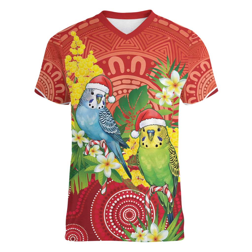 Budgerigar Australia Christmas Women V-Neck T-Shirt Budgies Golden Wattle Aboriginal Red - Aussie Hoodie