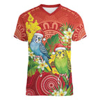 Budgerigar Australia Christmas Women V-Neck T-Shirt Budgies Golden Wattle Aboriginal Red - Aussie Hoodie