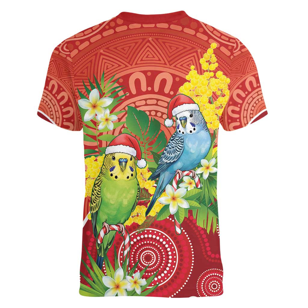 Budgerigar Australia Christmas Women V-Neck T-Shirt Budgies Golden Wattle Aboriginal Red - Aussie Hoodie