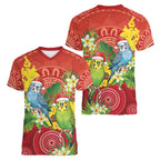 Budgerigar Australia Christmas Women V-Neck T-Shirt Budgies Golden Wattle Aboriginal Red - Aussie Hoodie