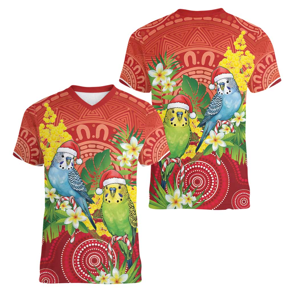 Budgerigar Australia Christmas Women V-Neck T-Shirt Budgies Golden Wattle Aboriginal Red - Aussie Hoodie