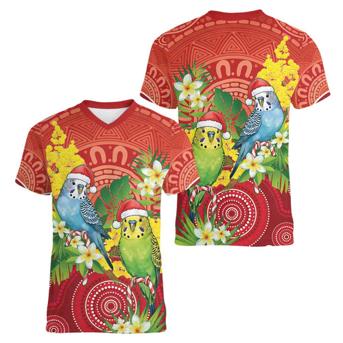 Budgerigar Australia Christmas Women V-Neck T-Shirt Budgies Golden Wattle Aboriginal Red - Aussie Hoodie