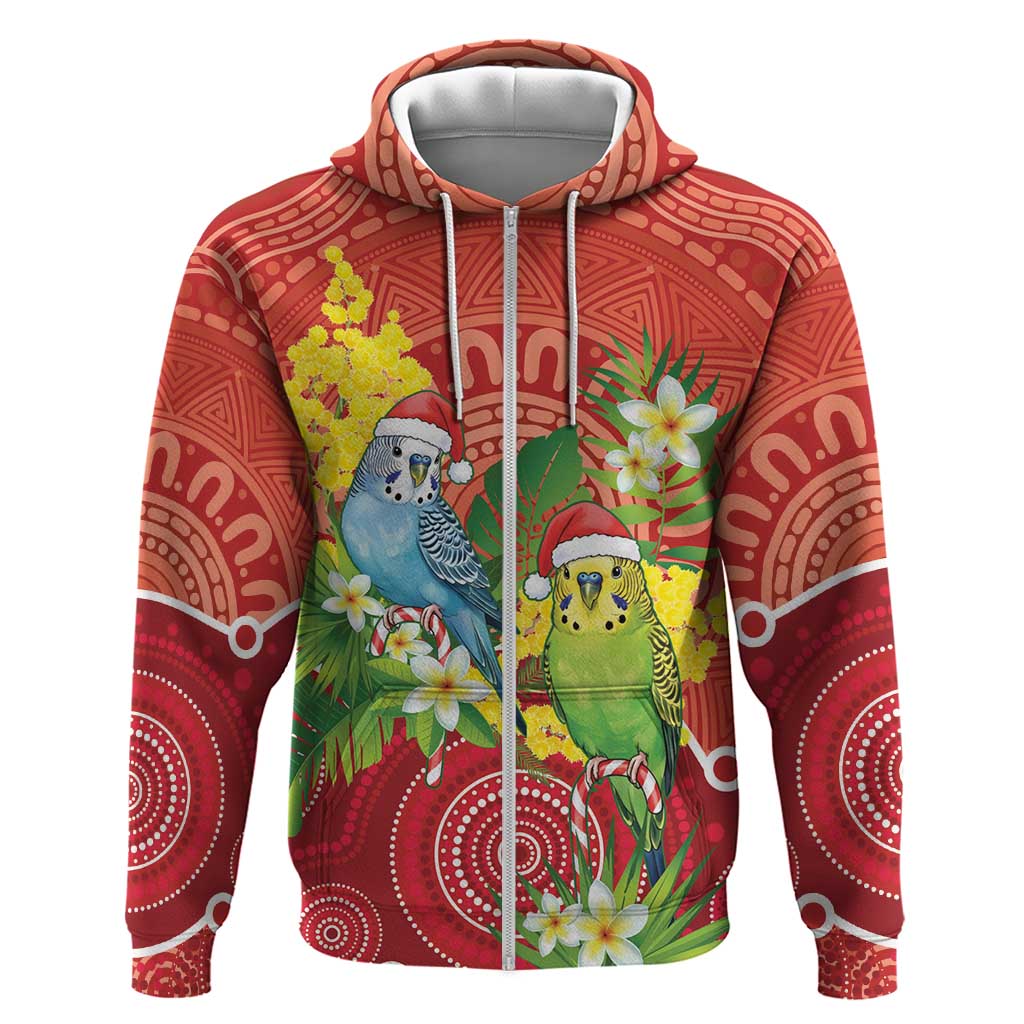 Budgerigar Australia Christmas Zip Hoodie Budgies Golden Wattle Aboriginal Red - Aussie Hoodie