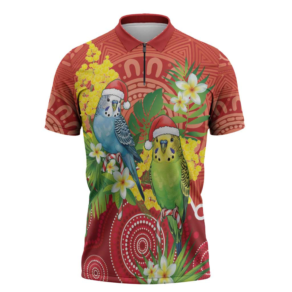 Budgerigar Australia Christmas Zipper Polo Shirt Budgies Golden Wattle Aboriginal Red - Aussie Hoodie