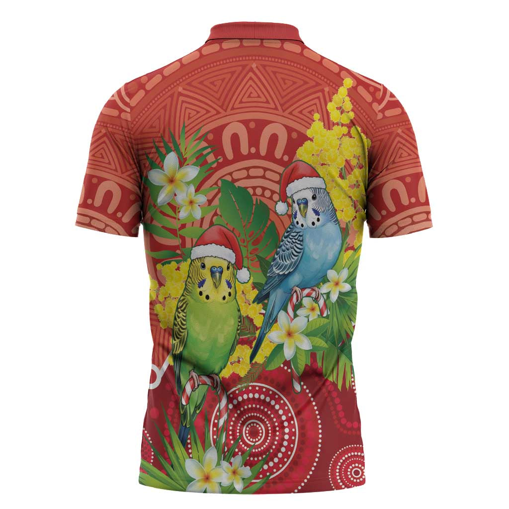 Budgerigar Australia Christmas Zipper Polo Shirt Budgies Golden Wattle Aboriginal Red - Aussie Hoodie