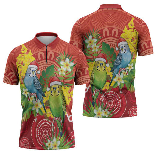 Budgerigar Australia Christmas Zipper Polo Shirt Budgies Golden Wattle Aboriginal Red - Aussie Hoodie