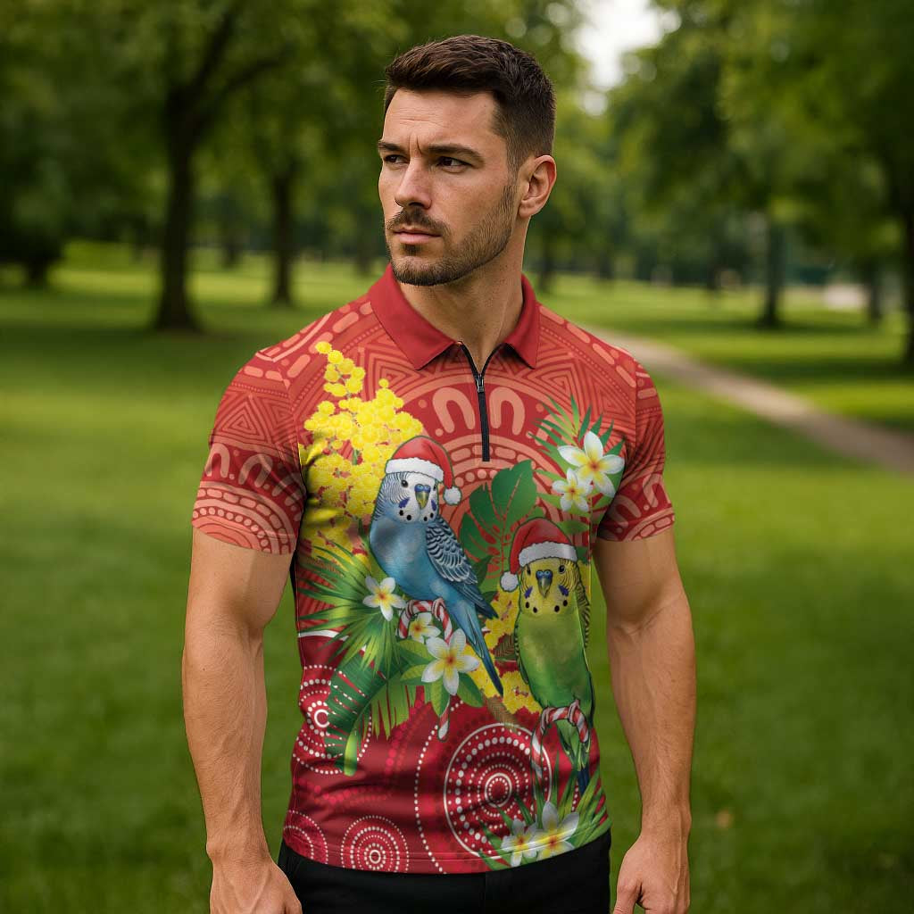 Budgerigar Australia Christmas Zipper Polo Shirt Budgies Golden Wattle Aboriginal Red - Aussie Hoodie