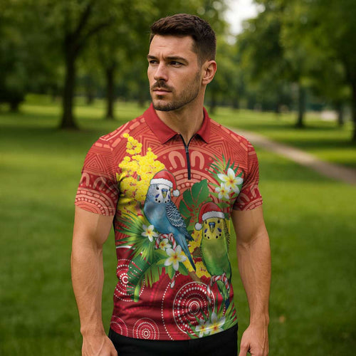 Budgerigar Australia Christmas Zipper Polo Shirt Budgies Golden Wattle Aboriginal Red - Aussie Hoodie
