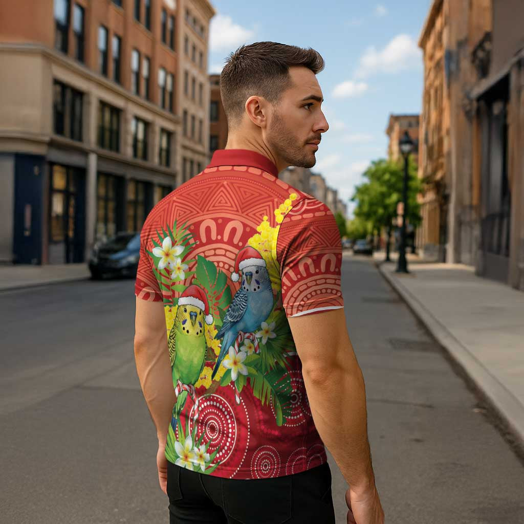 Budgerigar Australia Christmas Zipper Polo Shirt Budgies Golden Wattle Aboriginal Red - Aussie Hoodie