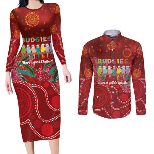 Australia Budgerigar Christmas Personalised Couples Matching Long Sleeve Bodycon Dress and Long Sleeve Button Shirt Budgies Hakea Have A Good Chrissie - Aussie Hoodie