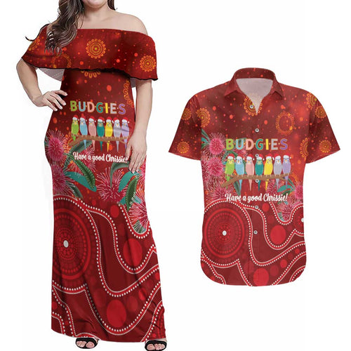 Australia Budgerigar Christmas Personalised Couples Matching Off Shoulder Maxi Dress and Hawaiian Shirt Budgies Hakea Have A Good Chrissie - Aussie Hoodie