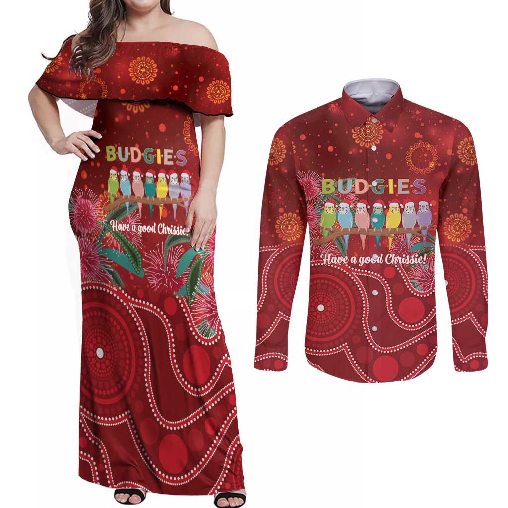 Australia Budgerigar Christmas Personalised Couples Matching Off Shoulder Maxi Dress and Long Sleeve Button Shirt Budgies Hakea Have A Good Chrissie - Aussie Hoodie