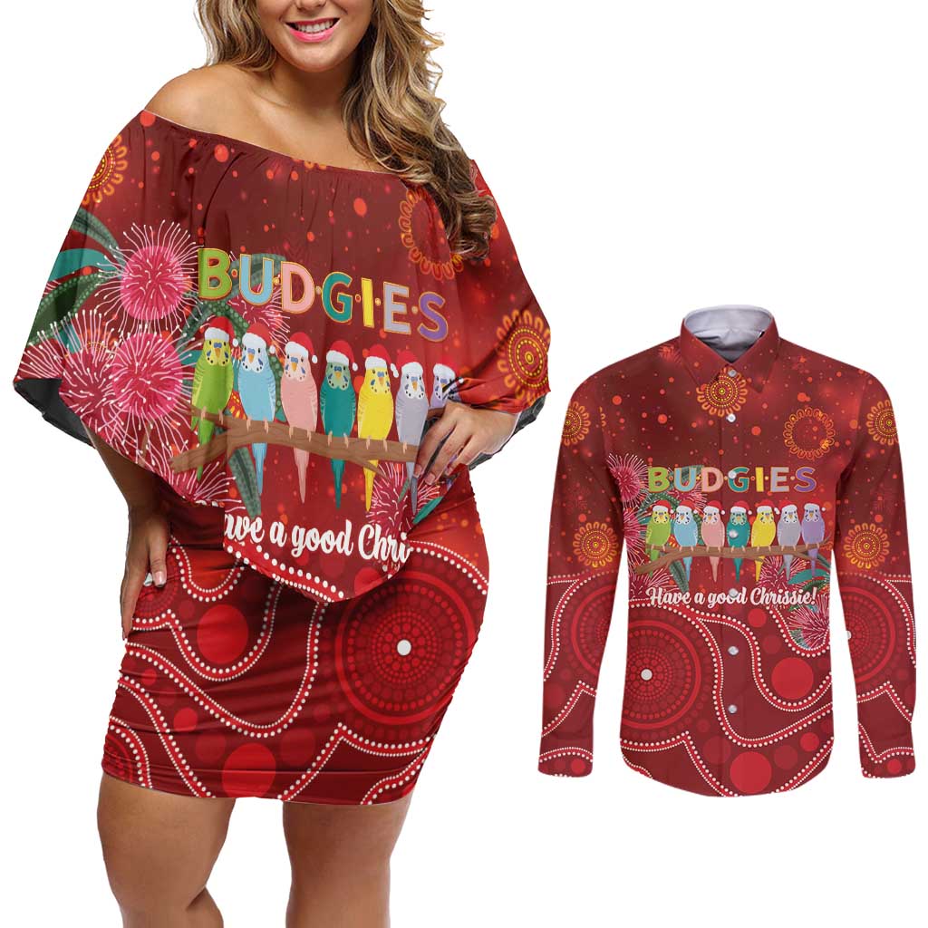 Australia Budgerigar Christmas Personalised Couples Matching Off Shoulder Short Dress and Long Sleeve Button Shirt Budgies Hakea Have A Good Chrissie - Aussie Hoodie