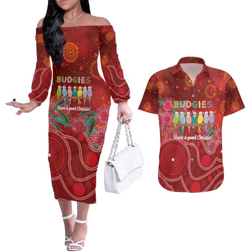Australia Budgerigar Christmas Personalised Couples Matching Off The Shoulder Long Sleeve Dress and Hawaiian Shirt Budgies Hakea Have A Good Chrissie - Aussie Hoodie