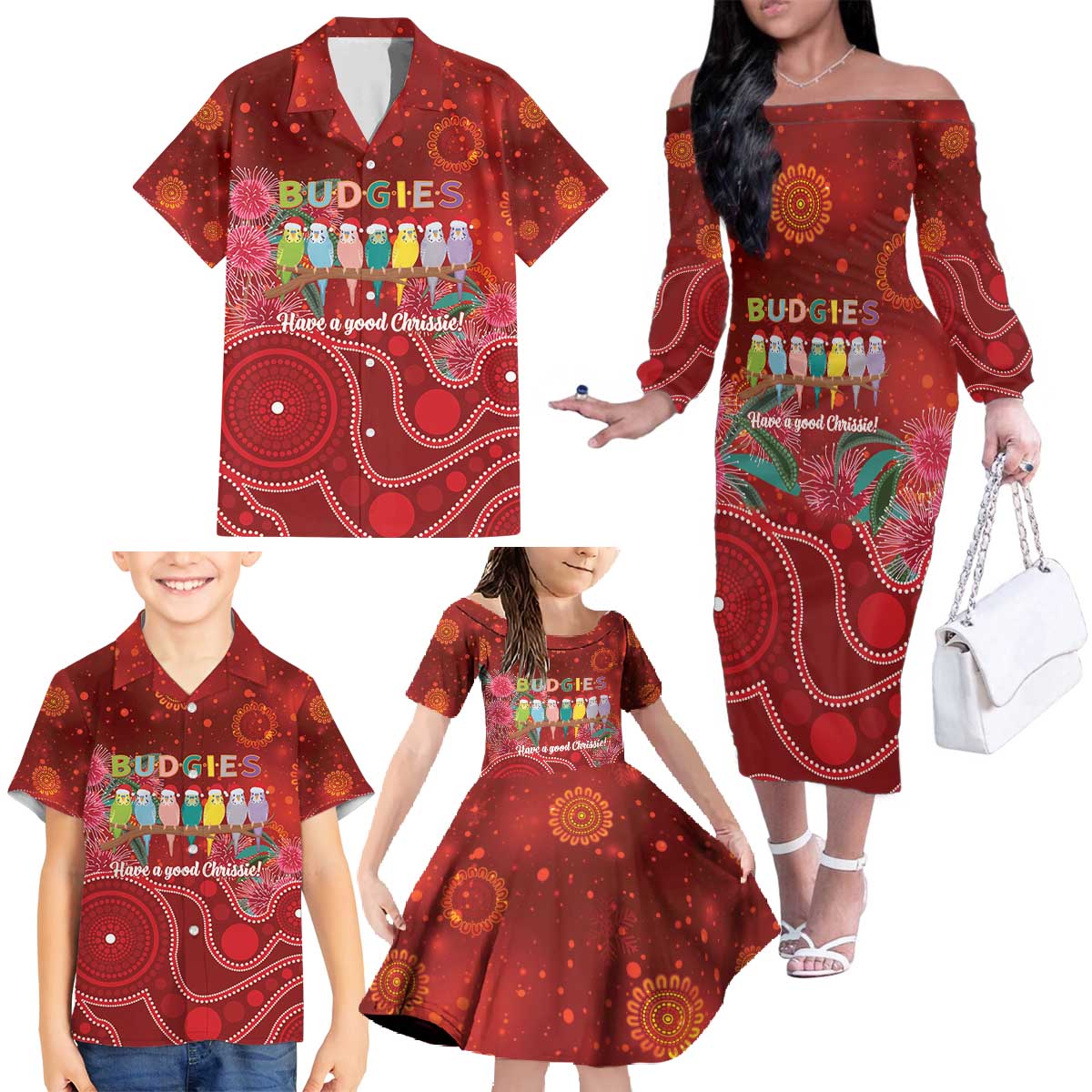 Australia Budgerigar Christmas Personalised Family Matching Off The Shoulder Long Sleeve Dress and Hawaiian Shirt Budgies Hakea Have A Good Chrissie - Aussie Hoodie