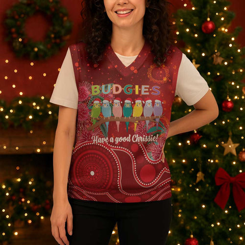 Australia Budgerigar Christmas Personalised Christmas Knitted V-Neck Vest Budgies Hakea Have A Good Chrissie - Aussie Hoodie