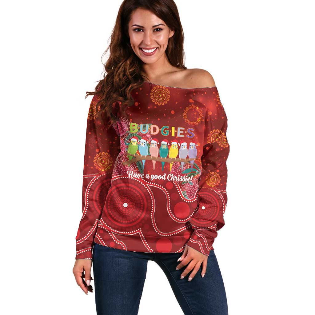 Australia Budgerigar Christmas Personalised Off Shoulder Sweater Budgies Hakea Have A Good Chrissie - Aussie Hoodie