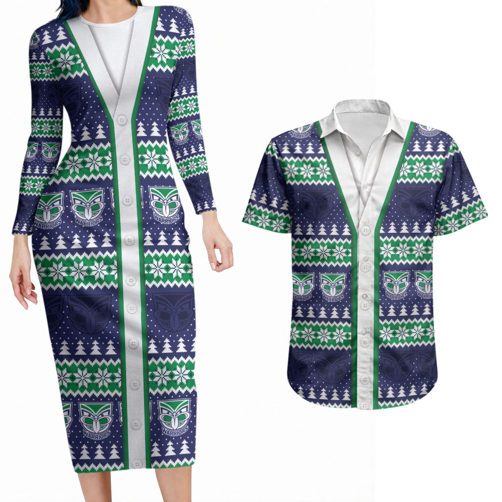 New Zealand Warriors Rugby Christmas Couples Matching Long Sleeve Bodycon Dress and Hawaiian Shirt Seamless Cardigan Inspired