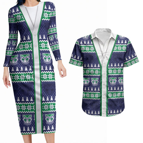 New Zealand Warriors Rugby Christmas Couples Matching Long Sleeve Bodycon Dress and Hawaiian Shirt Seamless Cardigan Inspired